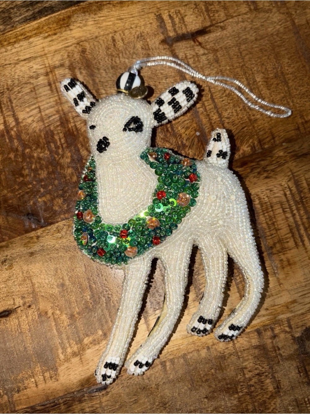 Mackenzie Childs beaded Christmas Reindeer courtly check holiday Ornament NEW